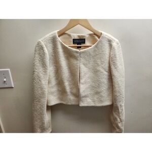 LINDA ALLARD ELLEN TRACY Cream Textured Cropped Jacket Blazer Size 10 Wool Blend